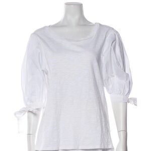 Fun , chic white cotton & linen top with puffed sleeves,CINQ A’ SEPT M boat neck